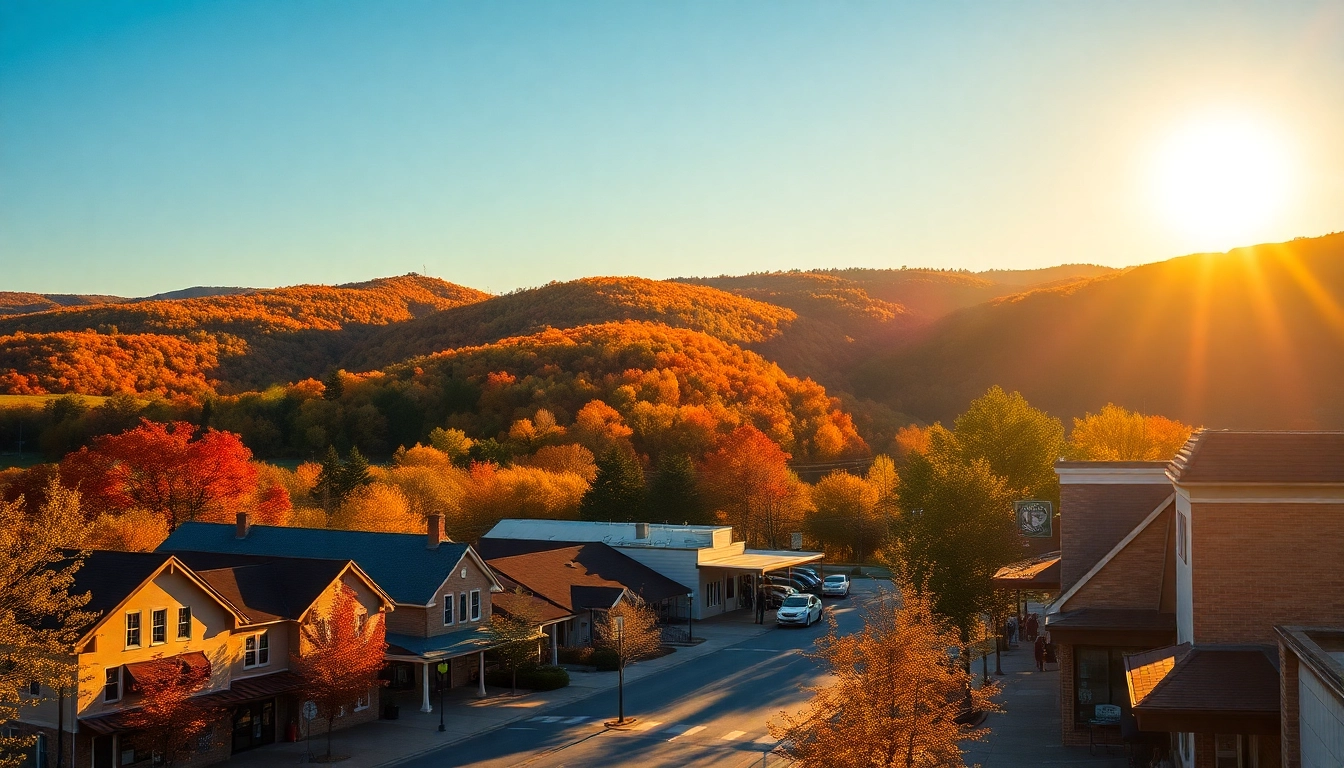 Clarksburg's vibrant fall landscape with quaint buildings and families enjoying the community atmosphere.