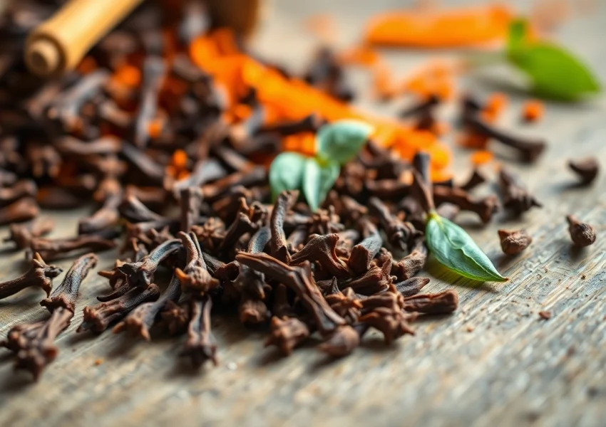 Cloves sprinkled on a rustic wooden surface, highlighting their rich texture and aroma.