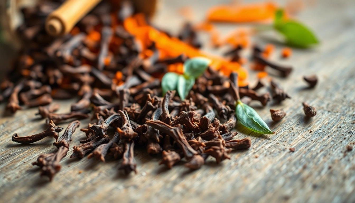 Cloves sprinkled on a rustic wooden surface, highlighting their rich texture and aroma.