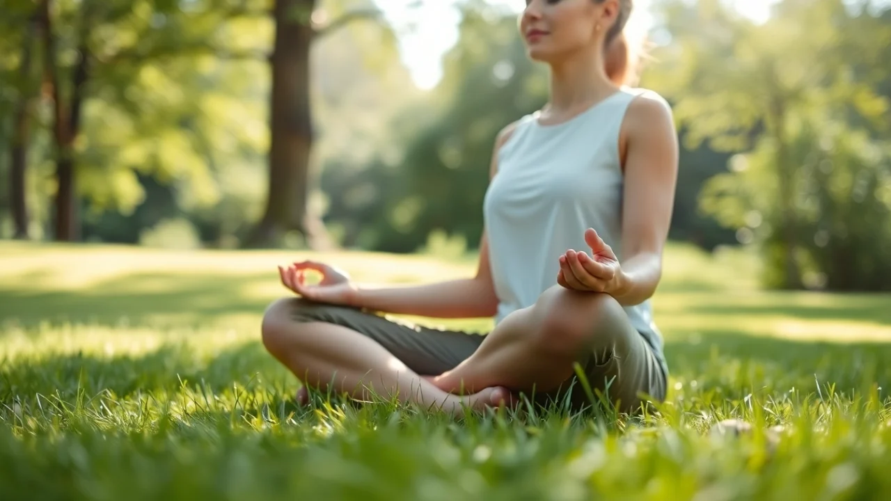 Mindfulness Coach UK practicing meditation in a serene outdoor setting
