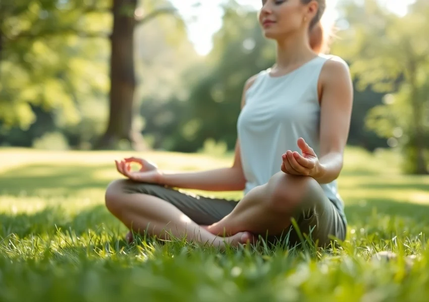 Mindfulness Coach UK practicing meditation in a serene outdoor setting