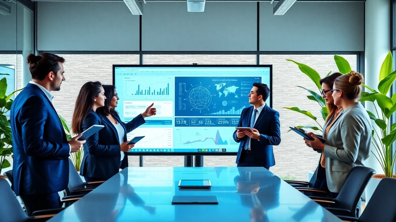 Team discussing an impactful ai presentation in a bright modern office environment.