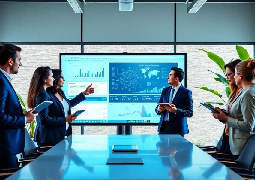 Team discussing an impactful ai presentation in a bright modern office environment.