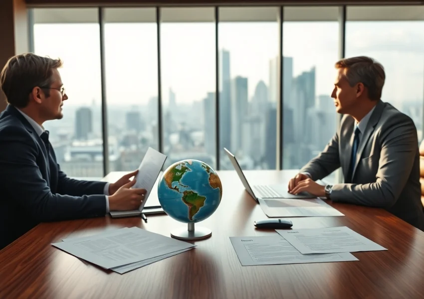 Business professionals discussing trade agreements in a modern office setting.