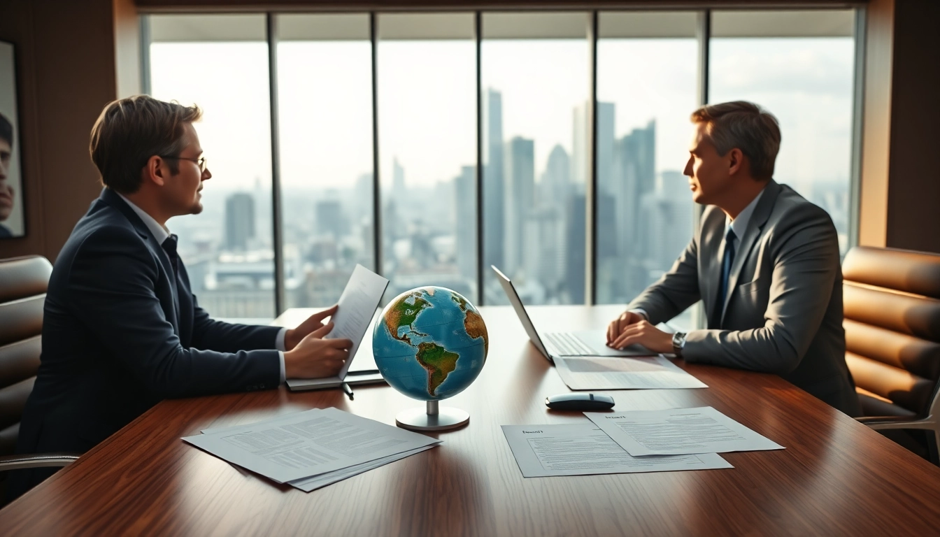 Business professionals discussing trade agreements in a modern office setting.