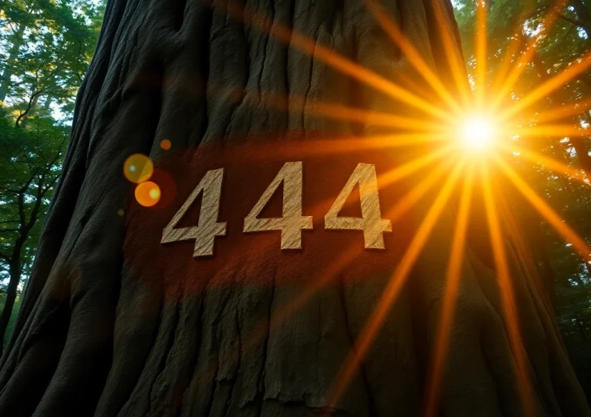 Discovering what does 444 mean with a mystical tree in sunlight, glowing orbs, and serene nature.