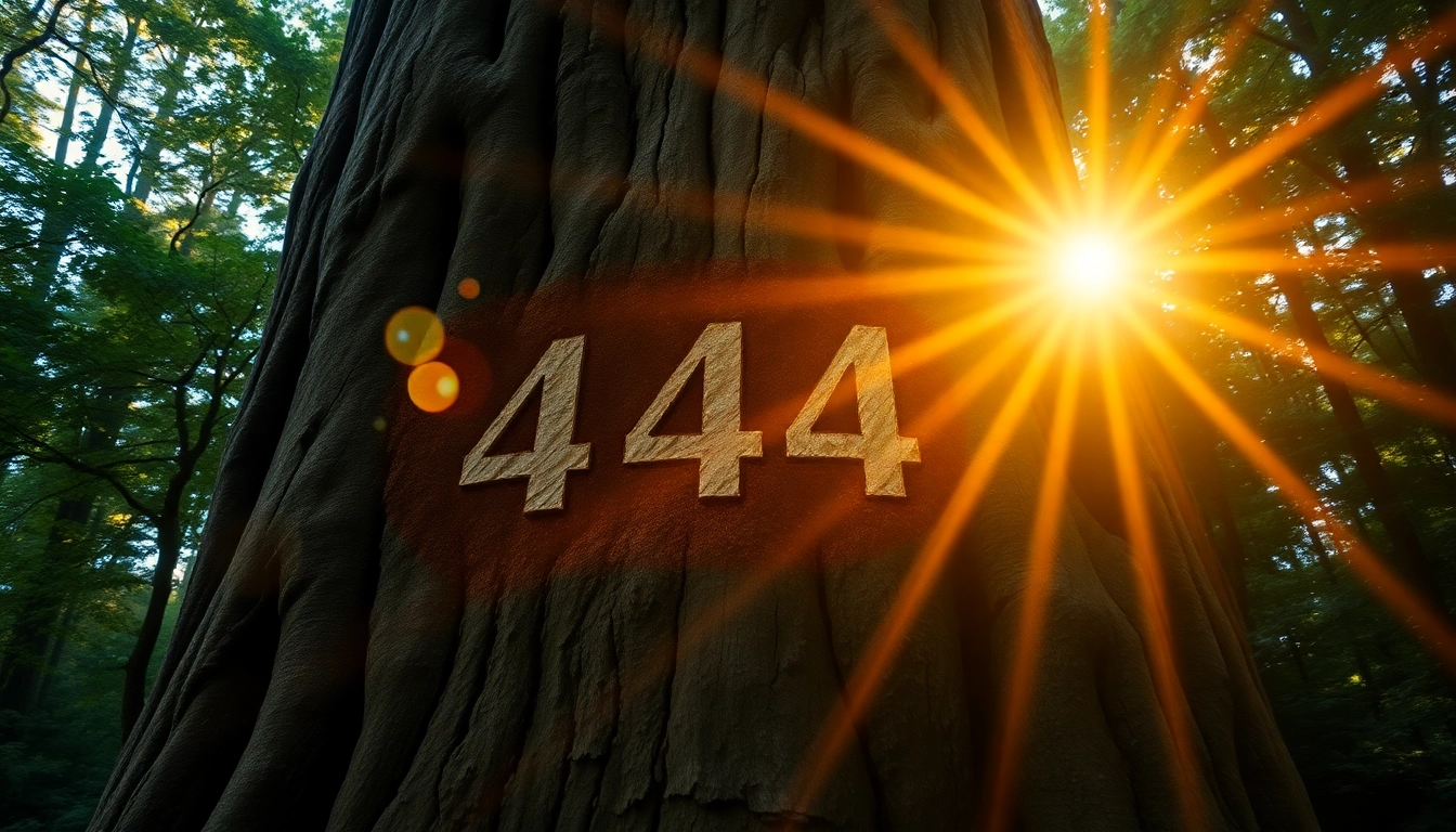 Discovering what does 444 mean with a mystical tree in sunlight, glowing orbs, and serene nature.