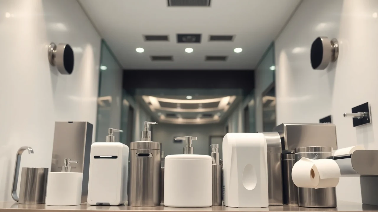Showcase of Commercial Restroom Supplies highlighting elegant fixtures and dispensers for effective management.