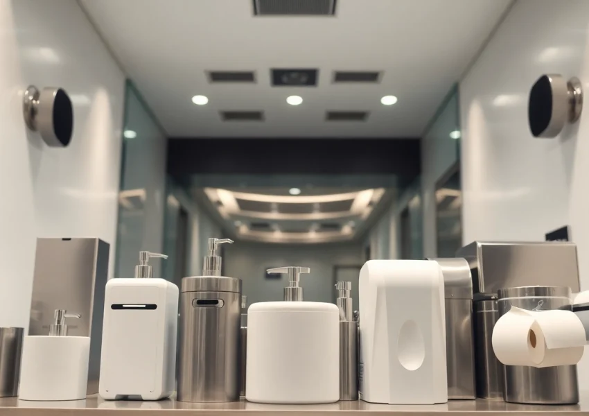 Showcase of Commercial Restroom Supplies highlighting elegant fixtures and dispensers for effective management.