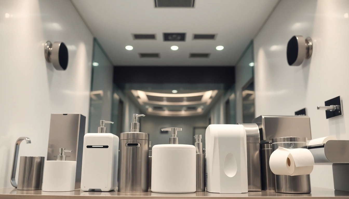 Showcase of Commercial Restroom Supplies highlighting elegant fixtures and dispensers for effective management.