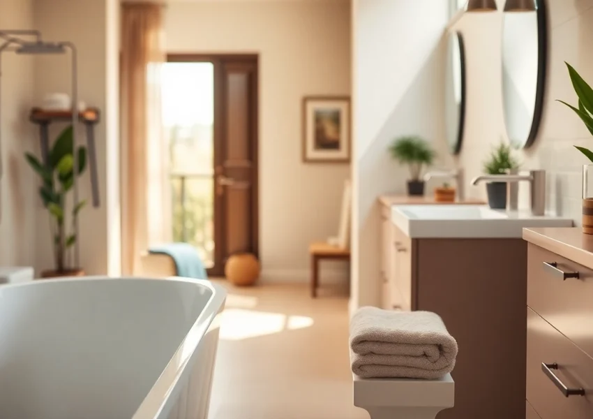 Showcase American Standard bathroom fixtures including a tub and sink in a modern setting.