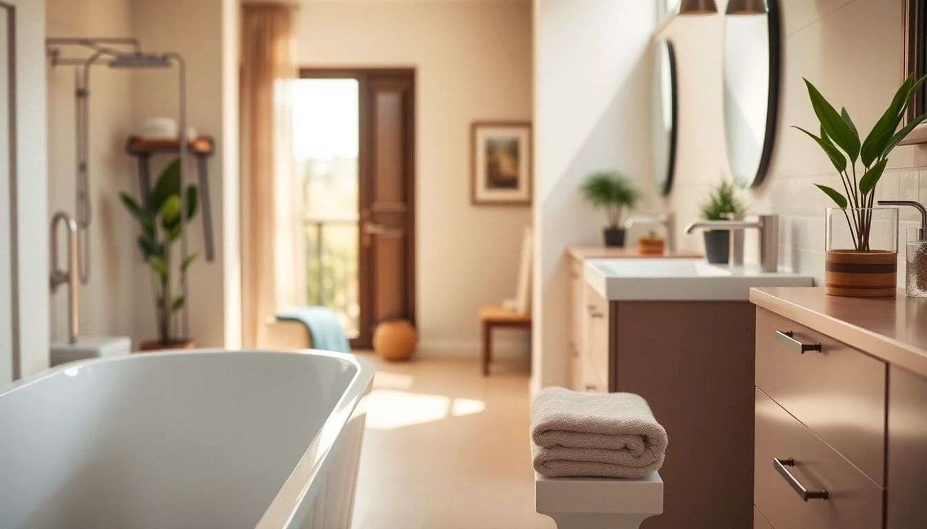 Showcase American Standard bathroom fixtures including a tub and sink in a modern setting.