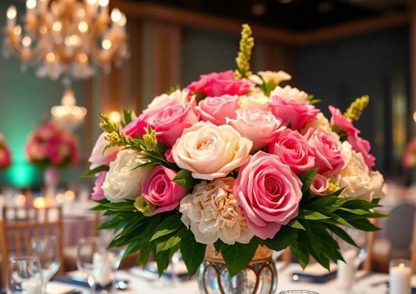 Stunning floral arrangement by Orange County event florist featuring vibrant blooms for events.