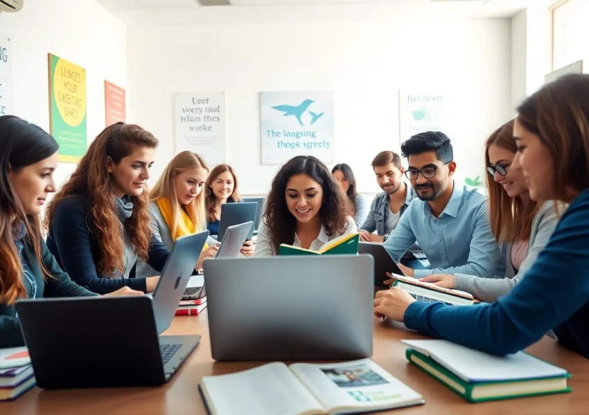 Enhance your Duolingo English Test practice with collaborative learning in a bright classroom.