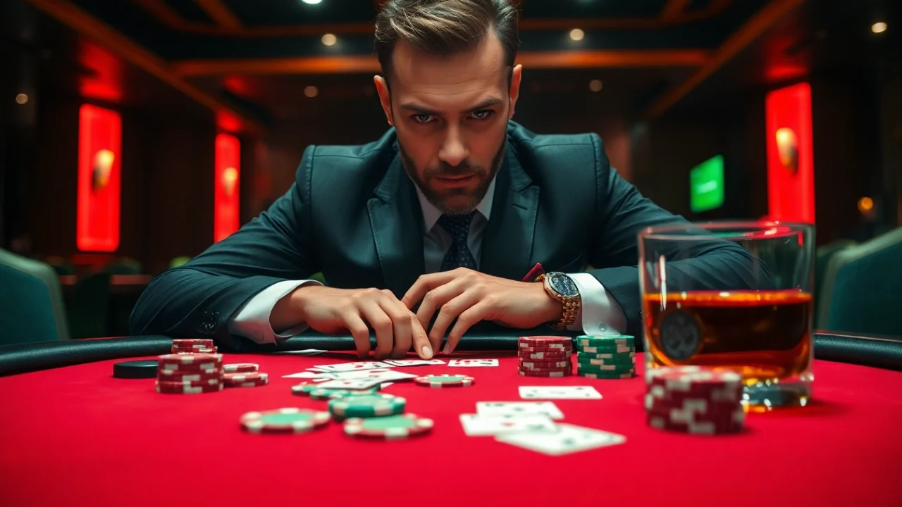 LXTOTO, seorang pemain poker fokus di meja kasino yang mewah dengan kartu dan chip berwarna-warni.