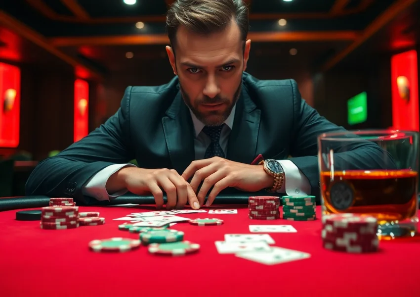 LXTOTO, seorang pemain poker fokus di meja kasino yang mewah dengan kartu dan chip berwarna-warni.