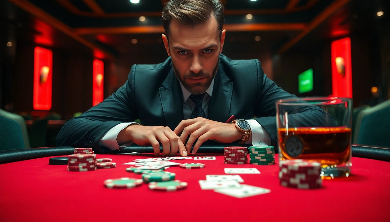 LXTOTO, seorang pemain poker fokus di meja kasino yang mewah dengan kartu dan chip berwarna-warni.