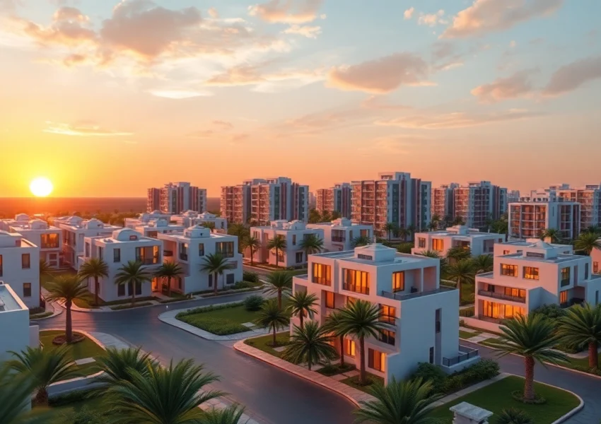 Showcase of a real estate model Abu Dhabi featuring detailed modern architecture and lush landscapes.