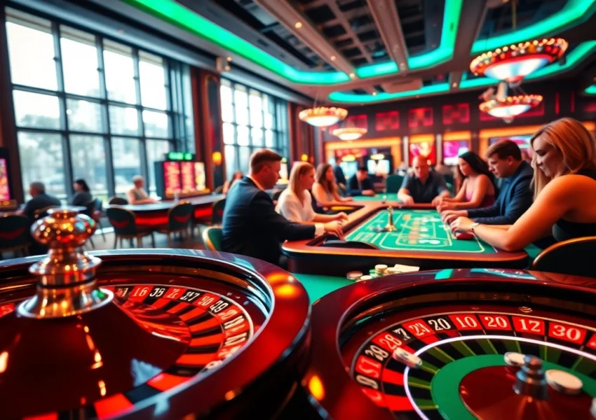 Players enjoying a thrilling game at tab66 casino, showcasing poker excitement and vibrant ambiance.