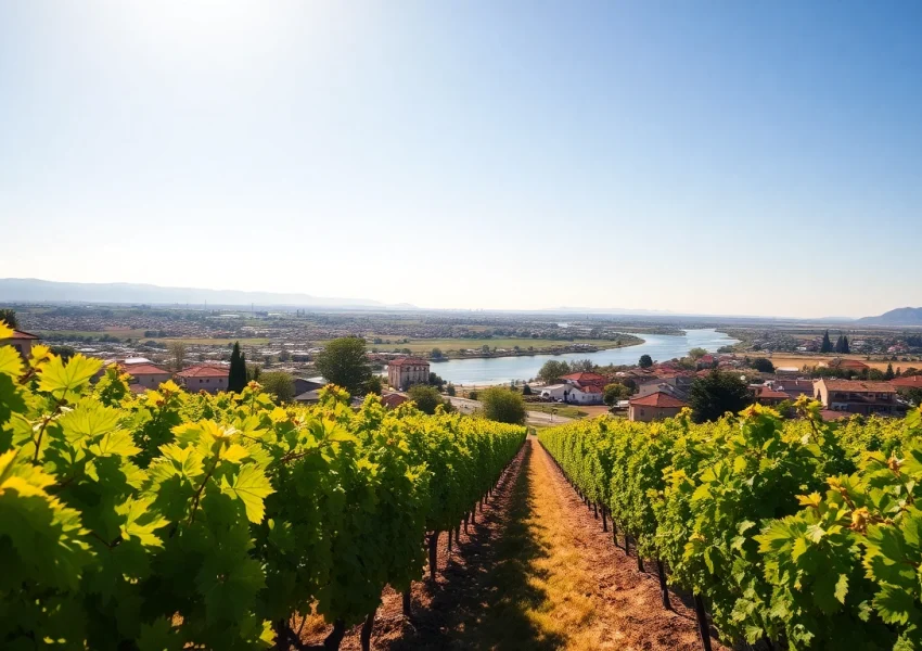 Vibrant vineyards of Clarksburg under a sunny sky with Sacramento River view.