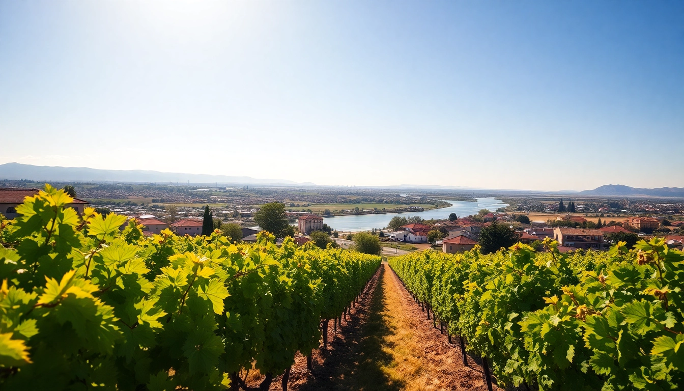 Vibrant vineyards of Clarksburg under a sunny sky with Sacramento River view.