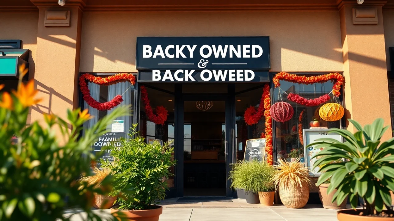 Promote a family-owned and black-owned business storefront with inviting elements and vibrant colors.