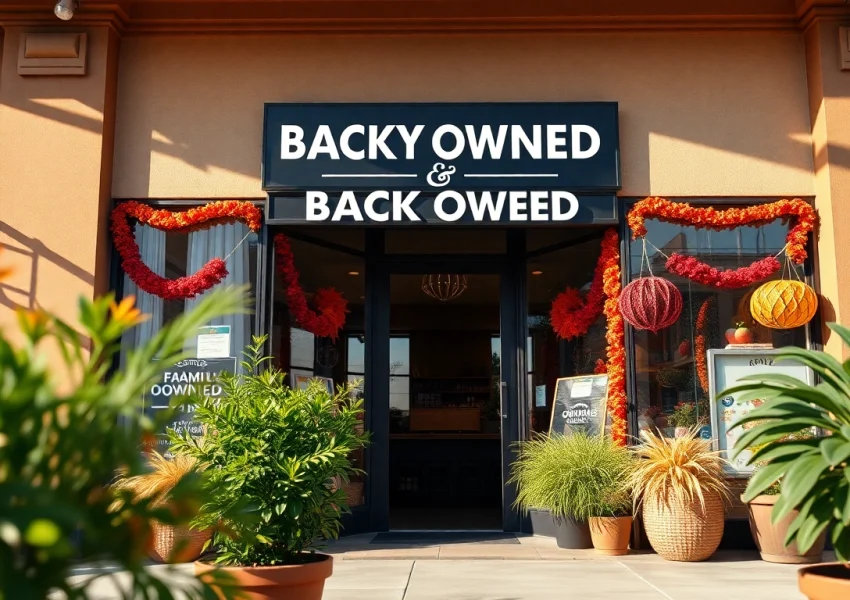 Promote a family-owned and black-owned business storefront with inviting elements and vibrant colors.