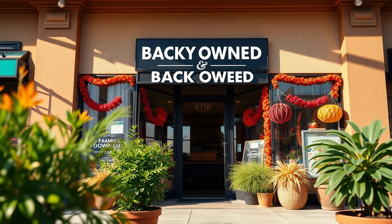 Promote a family-owned and black-owned business storefront with inviting elements and vibrant colors.