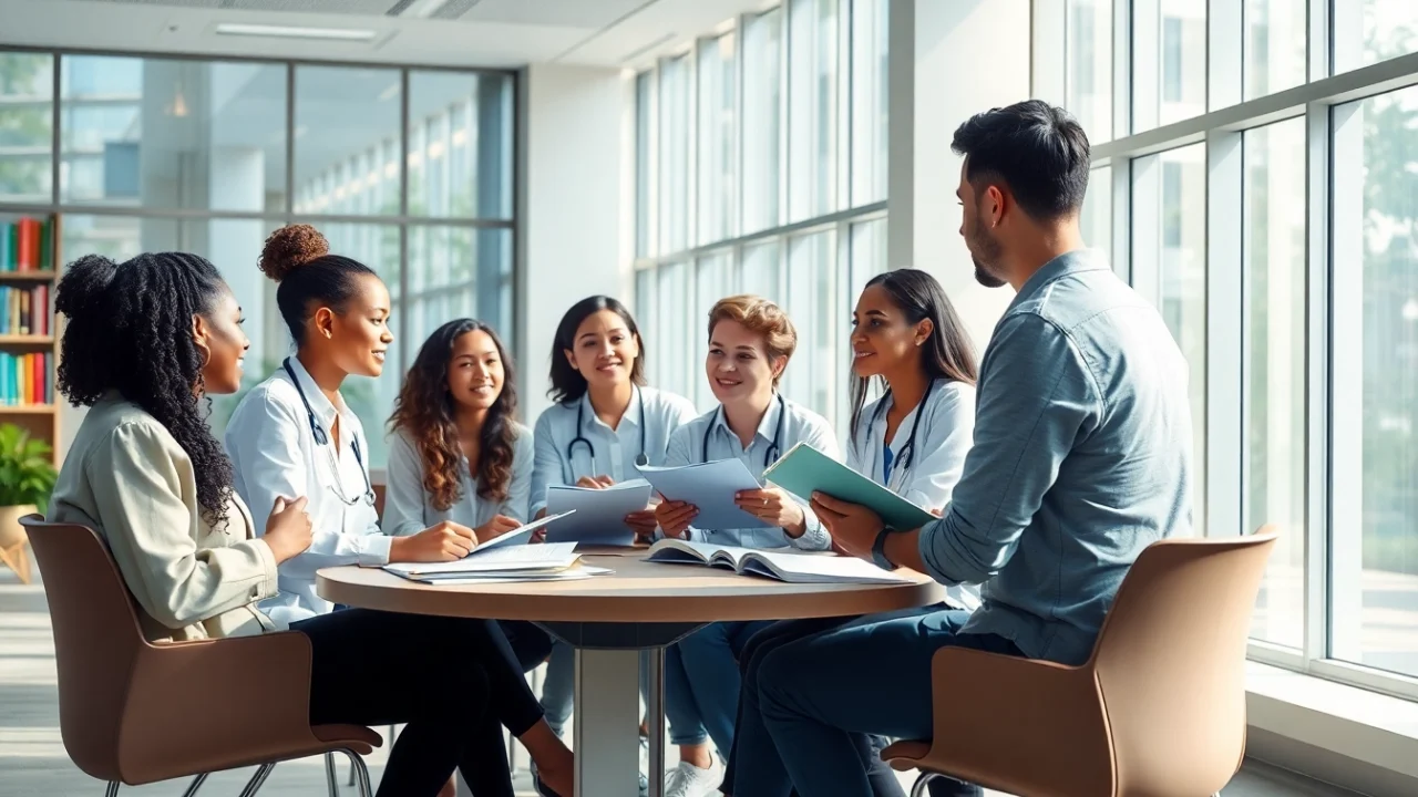 Medizinstudium ohne Aufnahmeprüfung: Studierende diskutieren aktiv in einem modernen Klassenraum.