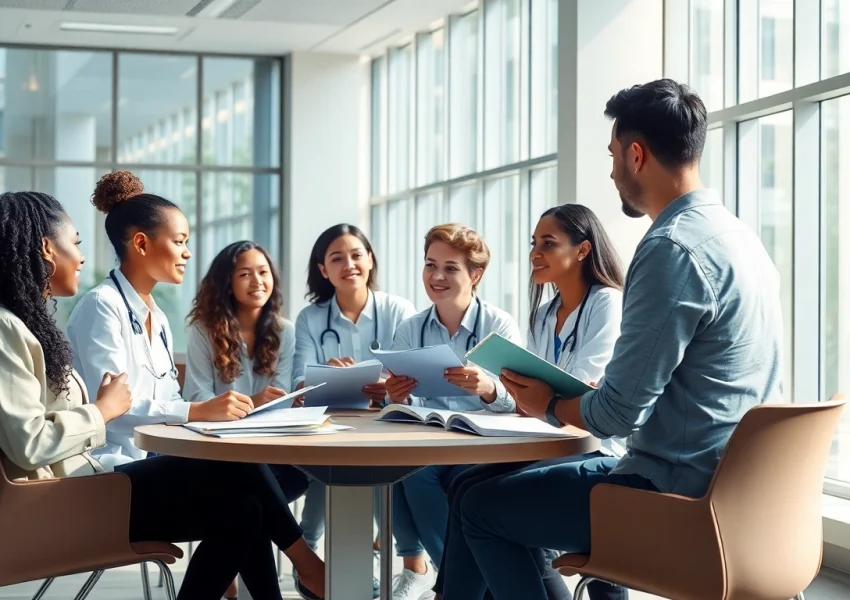 Medizinstudium ohne Aufnahmeprüfung: Studierende diskutieren aktiv in einem modernen Klassenraum.