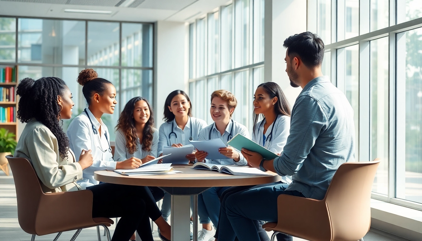 Medizinstudium ohne Aufnahmeprüfung: Studierende diskutieren aktiv in einem modernen Klassenraum.