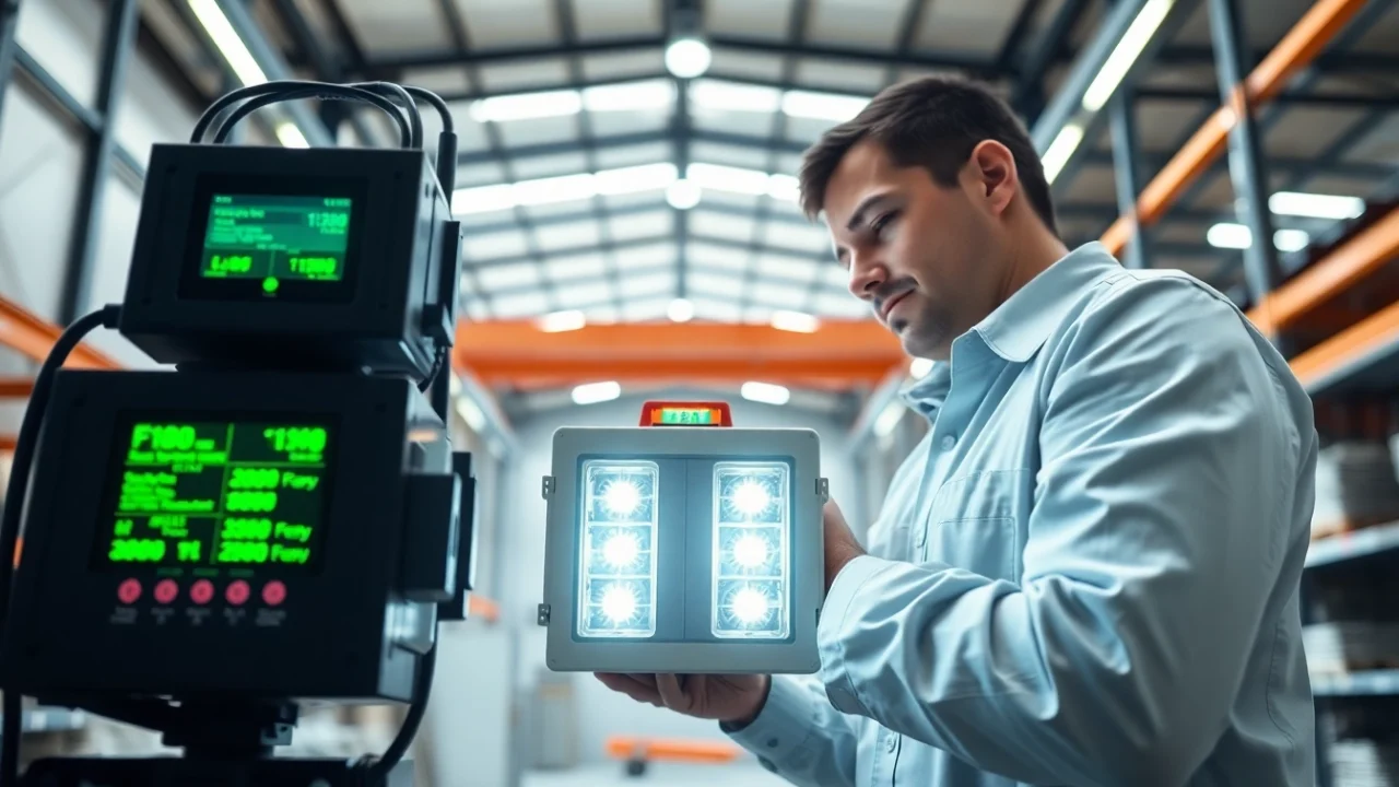 Facilitating critical Emergency Light Testing in a industrial environment, showcasing a technician at work.