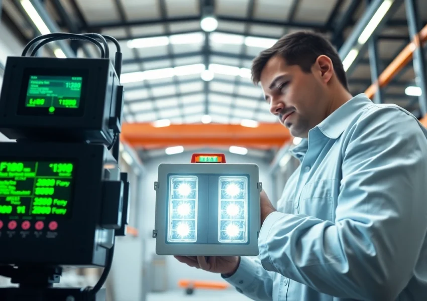 Facilitating critical Emergency Light Testing in a industrial environment, showcasing a technician at work.