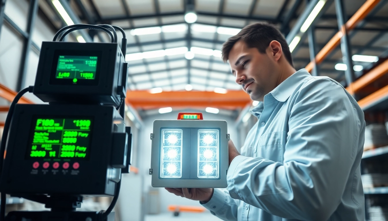Facilitating critical Emergency Light Testing in a industrial environment, showcasing a technician at work.