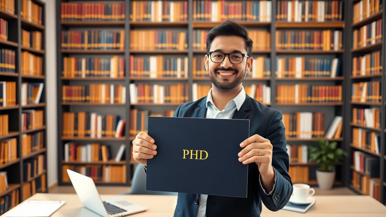 Showcase where to buy phd degree featuring a confident individual with a diploma in a modern office.