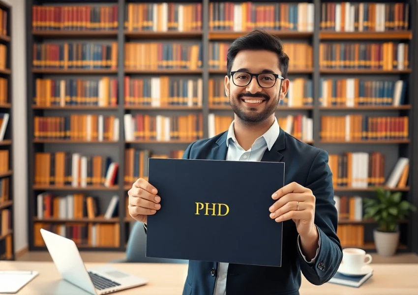 Showcase where to buy phd degree featuring a confident individual with a diploma in a modern office.