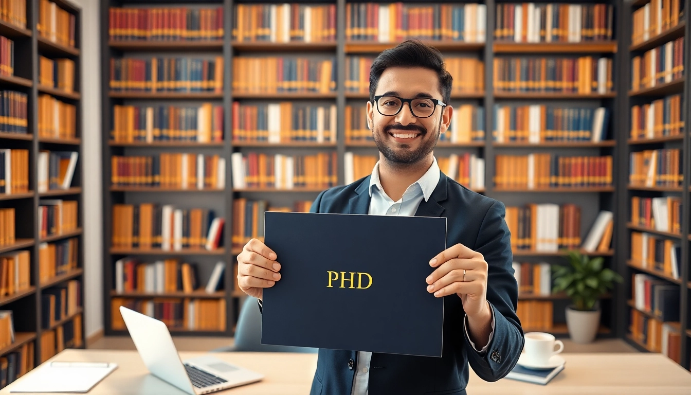 Showcase where to buy phd degree featuring a confident individual with a diploma in a modern office.