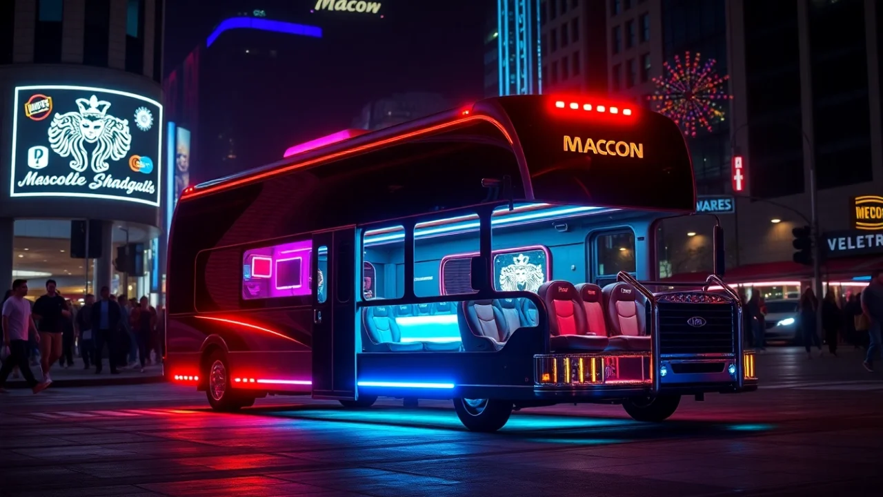 Macon party bus lit up at night, showcasing its luxurious interiors for festive events.
