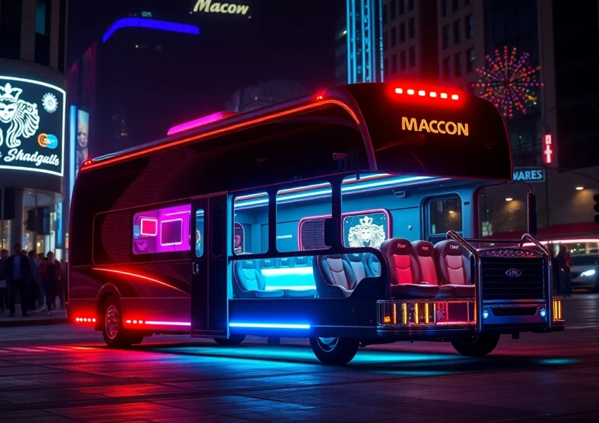 Macon party bus lit up at night, showcasing its luxurious interiors for festive events.