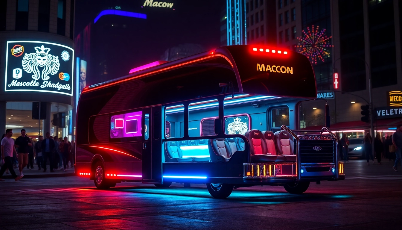 Macon party bus lit up at night, showcasing its luxurious interiors for festive events.