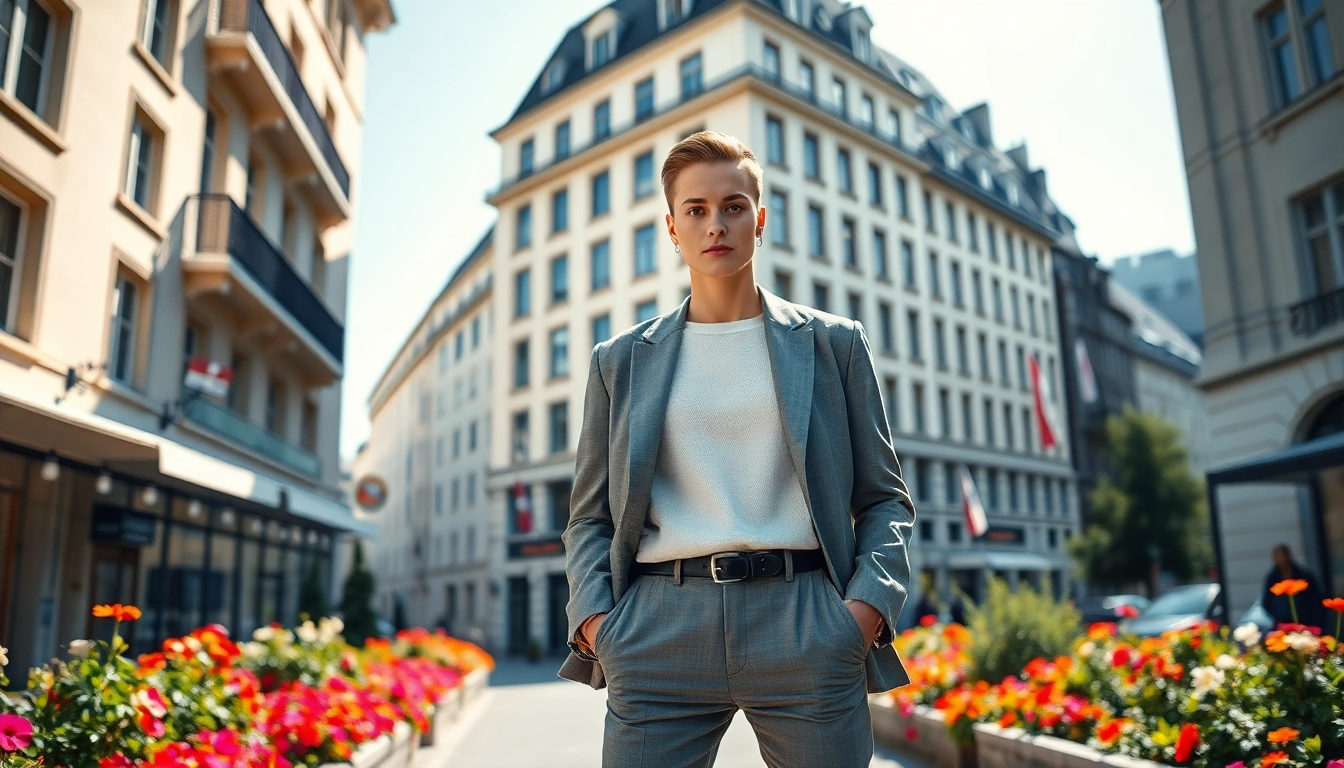 Modell Schweiz posiert stilvoll vor urbaner Kulisse in der Schweiz.