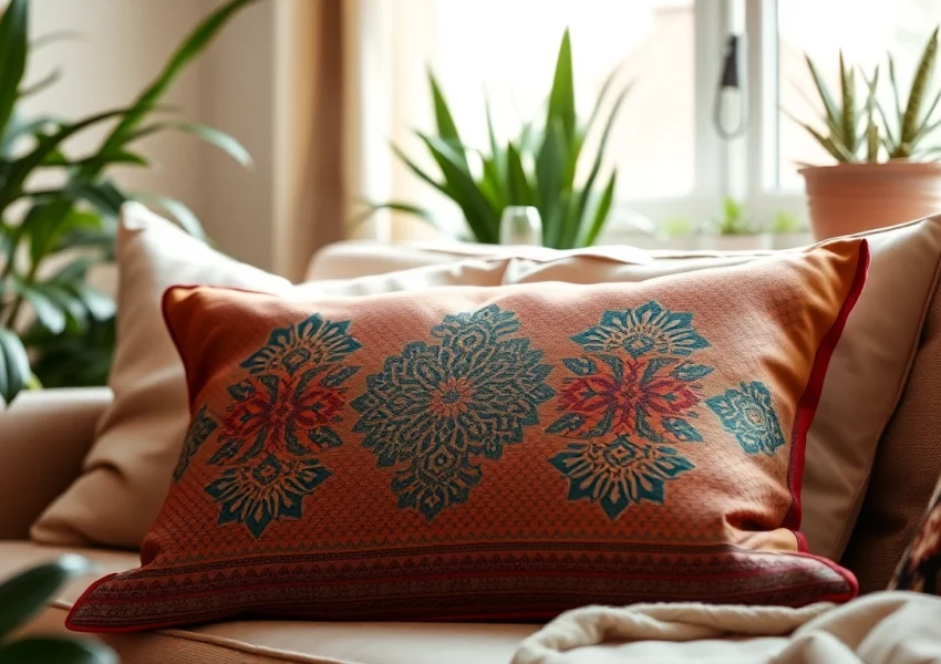 Explore Labboho's unique cactus silk pillows displayed elegantly in a bohemian living room.