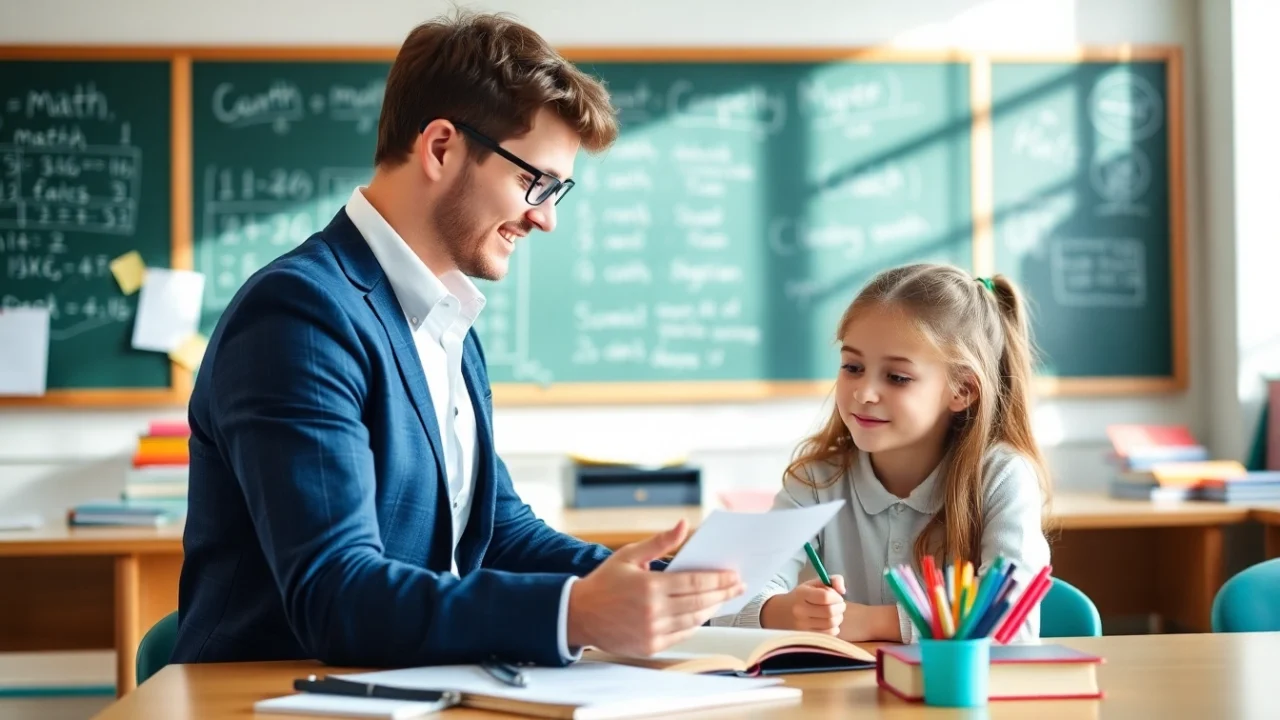 Engaged student with an 11 plus tutor in a bright classroom setting.