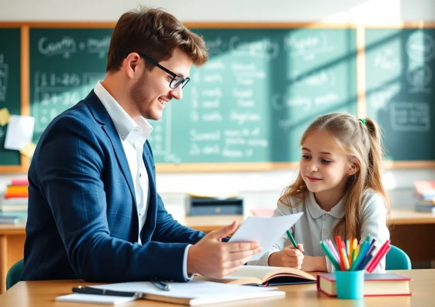 Engaged student with an 11 plus tutor in a bright classroom setting.