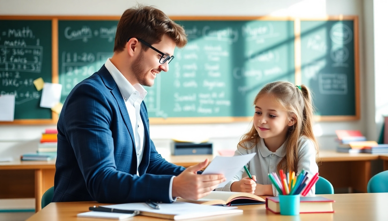 Engaged student with an 11 plus tutor in a bright classroom setting.