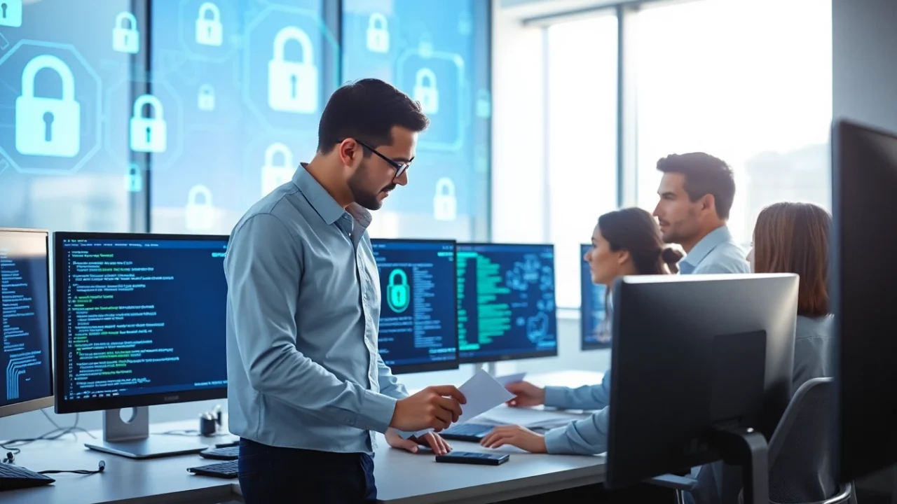 Cyber security services expert evaluating data security metrics in a modern office.