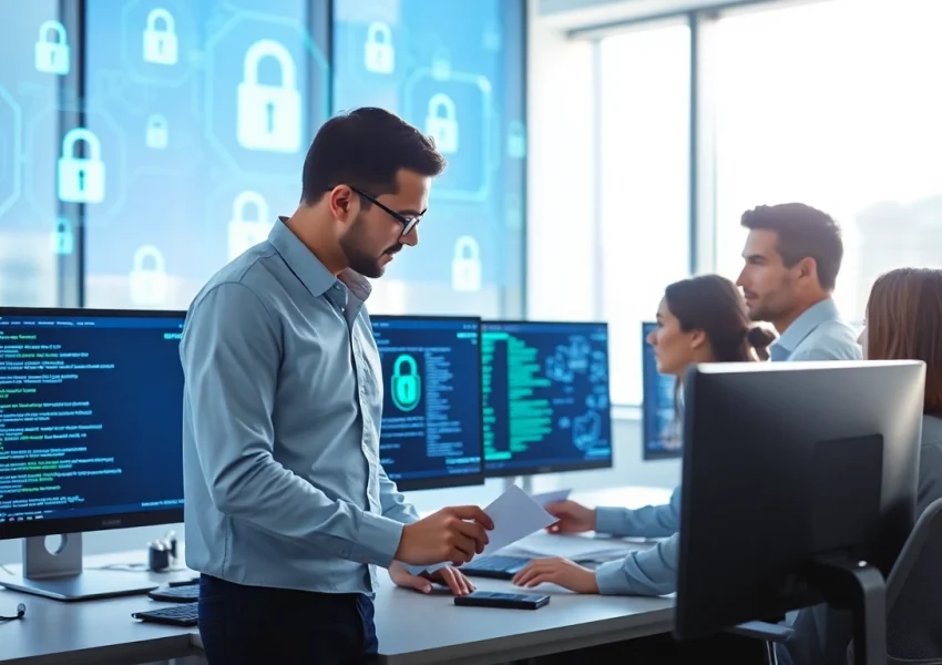 Cyber security services expert evaluating data security metrics in a modern office.
