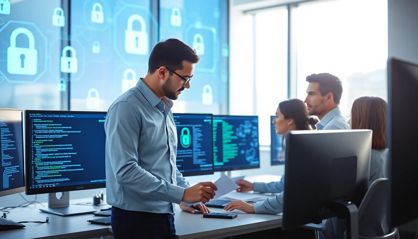 Cyber security services expert evaluating data security metrics in a modern office.