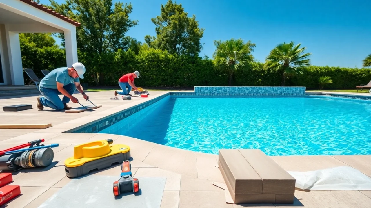 Workers engaged in pool construction, carefully laying tiles in a vibrant backyard setting.