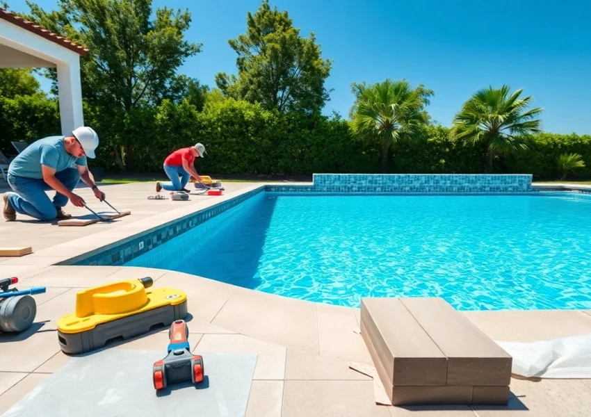 Workers engaged in pool construction, carefully laying tiles in a vibrant backyard setting.